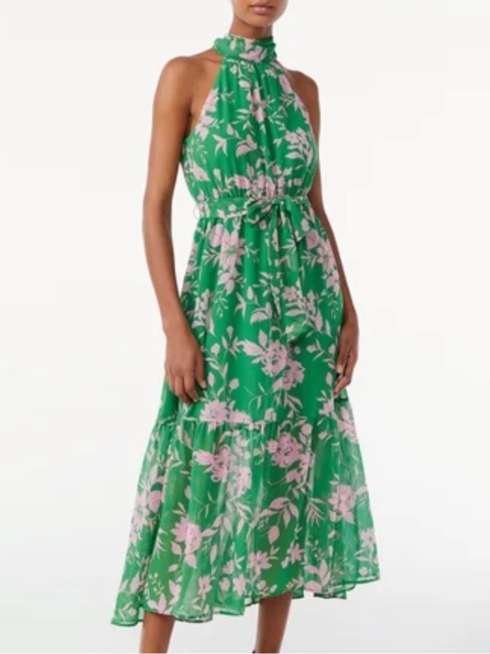 Green and Pink Floral Halter Maxi Dress with Waist Tie